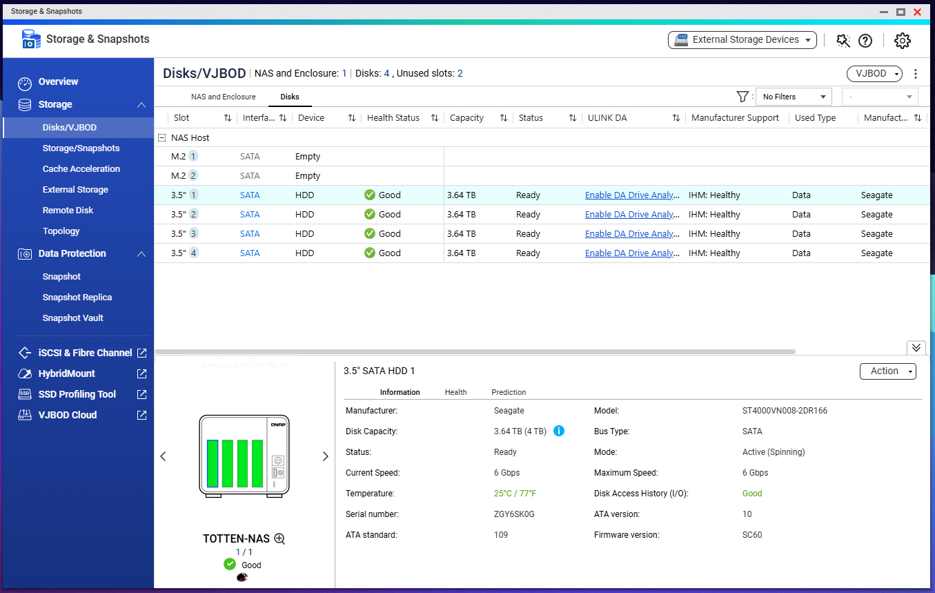Business Data Storage & NAS Management Dashboard NAS storage management dashboard showing hard drive health, capacity, and system status
