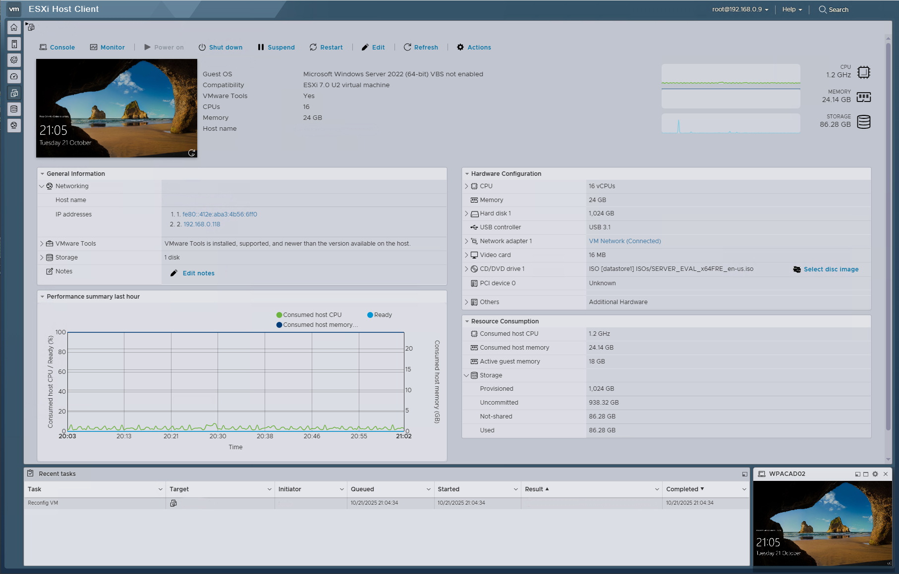 Hosted Server and Cloud Infrastructure Management – Totten IT Solutions VMware ESXi virtual server dashboard showing performance metrics and system resource monitoring