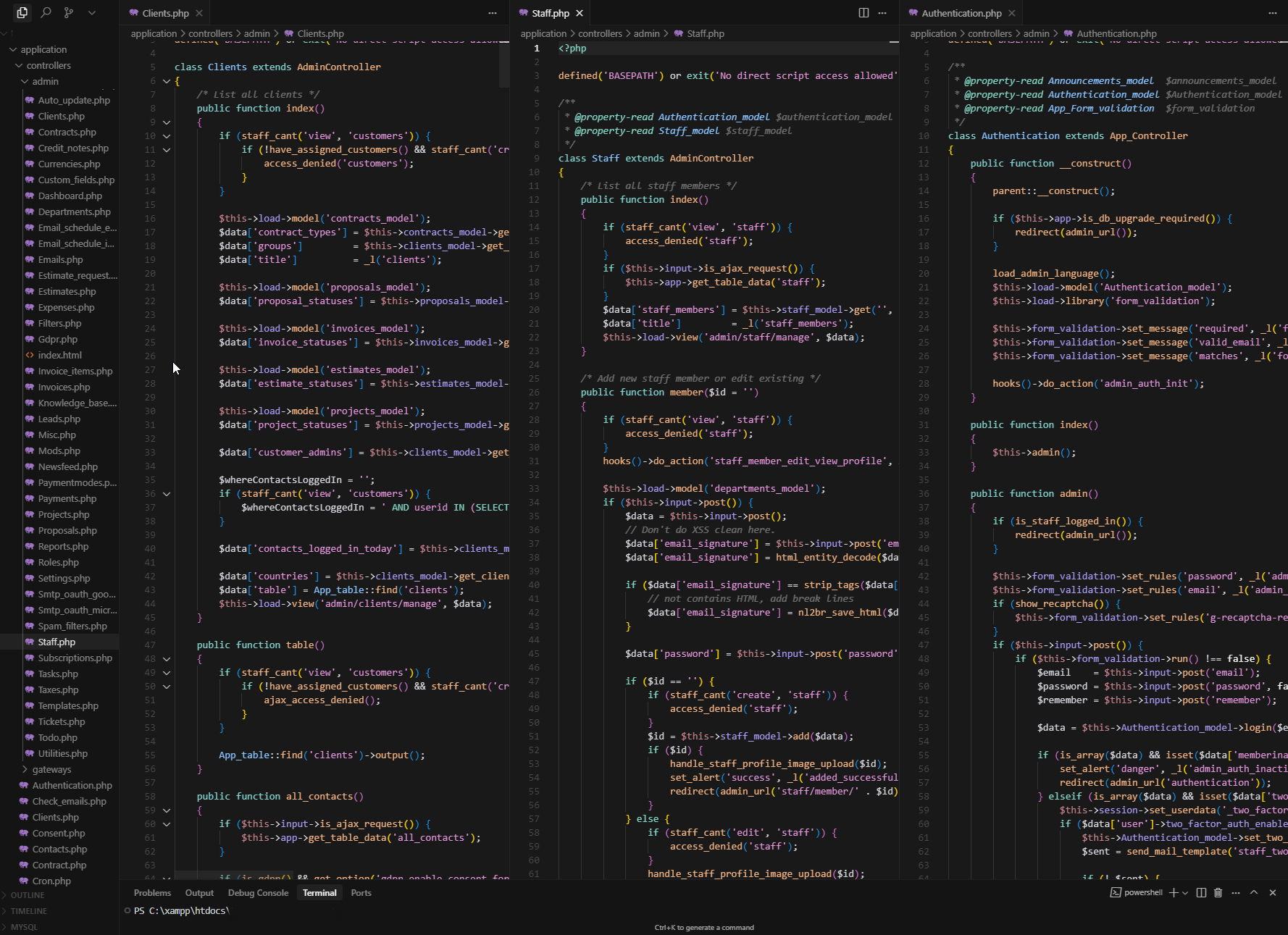 Website and Application Development – Totten IT Solutions Code editor showing PHP files for website and application development project