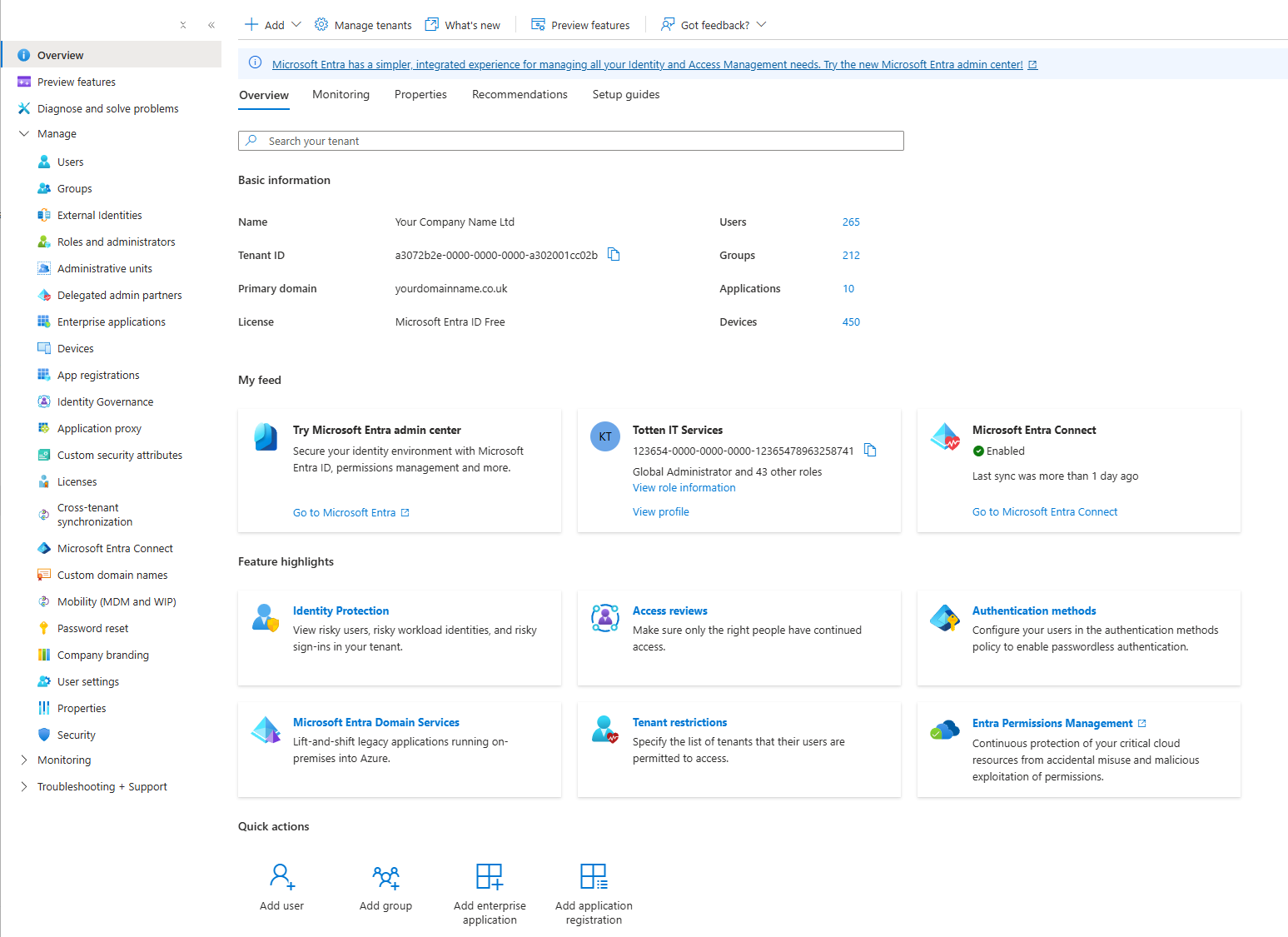 Microsoft Entra Admin Center overview dashboard showing tenant details, users, groups, and security features.